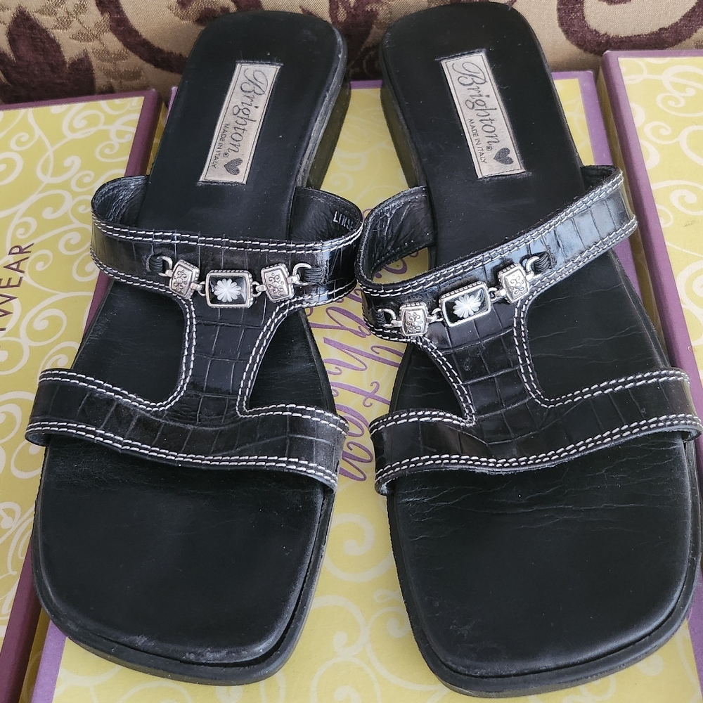 Brighton 9M "LINSEY" Black Leather Flat Embellished Sandal